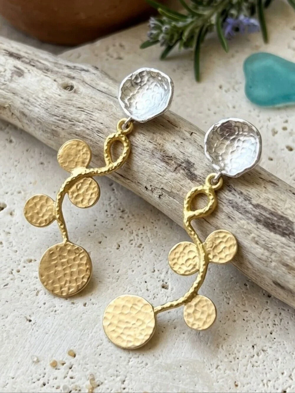 18K Gold Plated Brass Turkish Two Tone Hammered Vine Drop Earrings 3